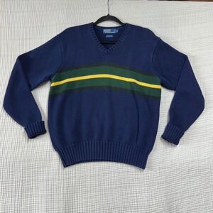 Vintage Polo Ralph Lauren V-Neck Sweater M Blue stripe Colorblock Long Sleeve